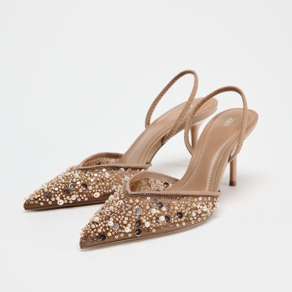 Zara pearl beaded embellished slingback pointed toe kitten heels - Picture 2 of 8